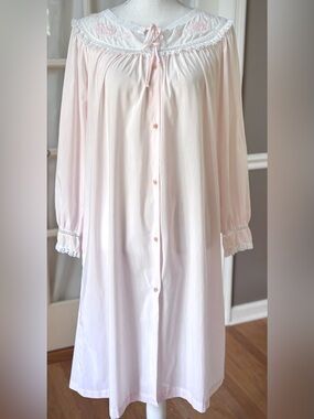 Vintage Barbizon Pink Housecoat Lace Floral Embroidered Lounger S
